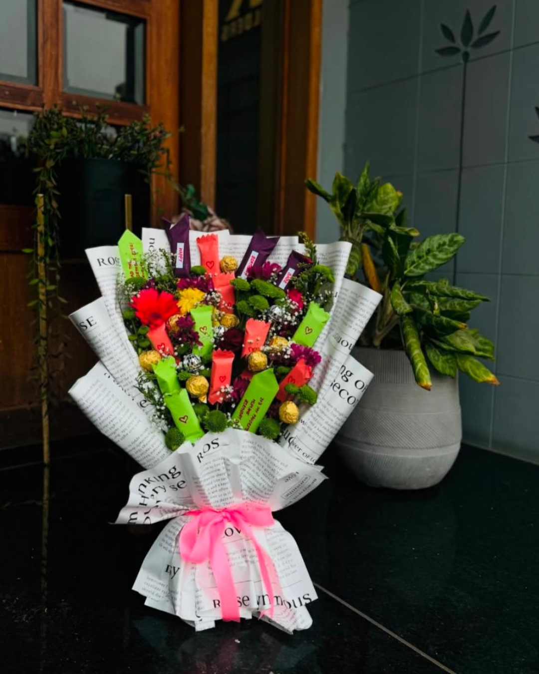 Handcrafted chocolate arrangement with elegant packaging